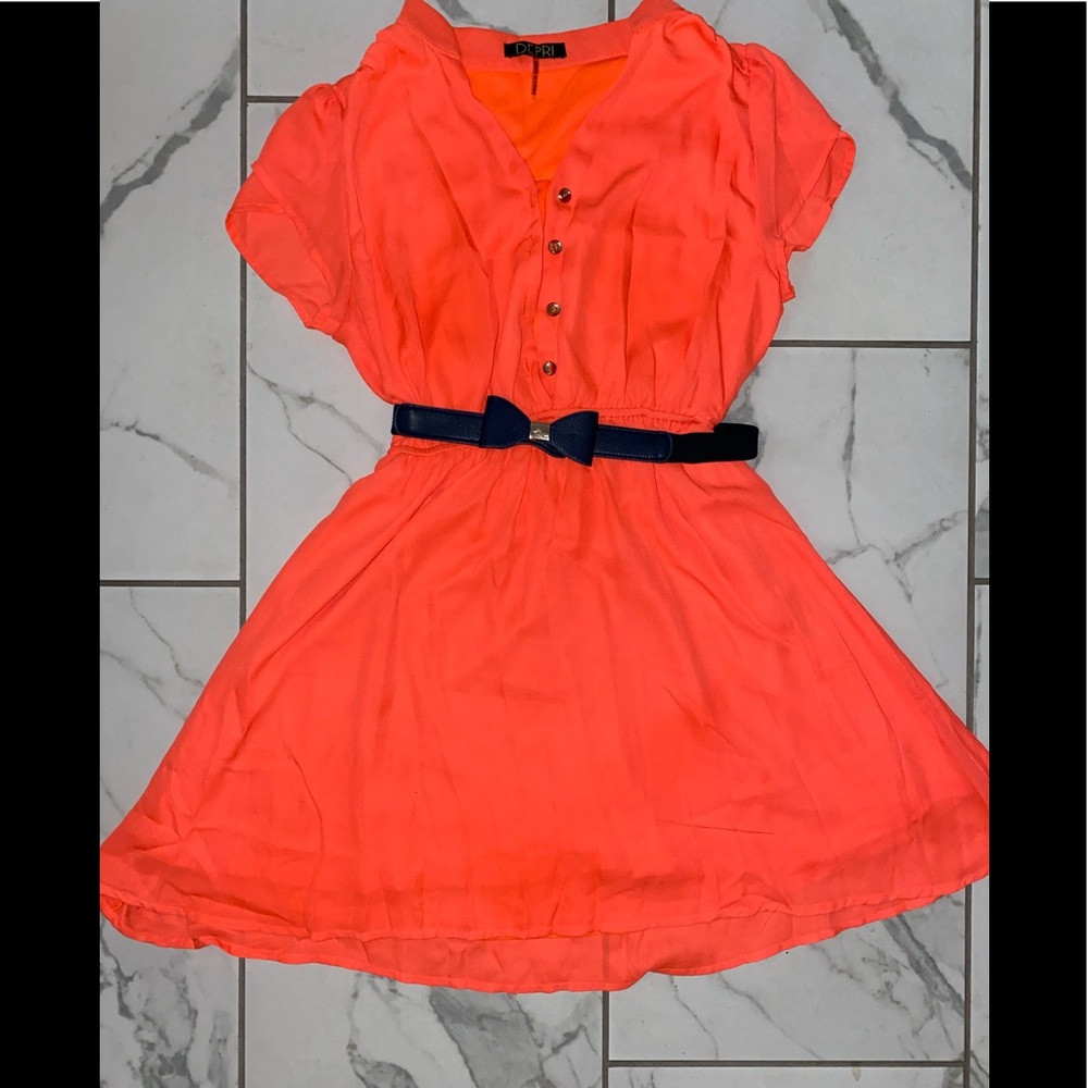 Bright Orange Dress with Navy Bow Belt